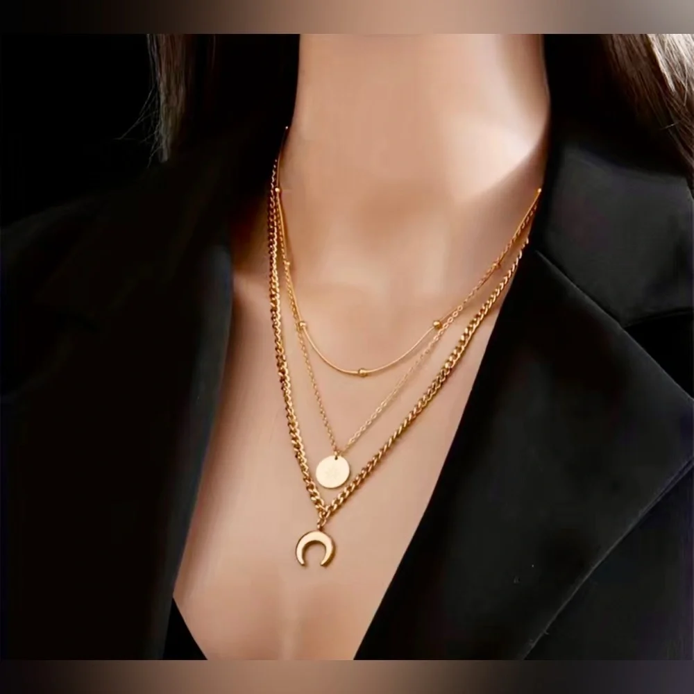 NWT Stainless Steel Geometry Star Moon Pendant Multi Layer Necklace - Picture 2 of 5